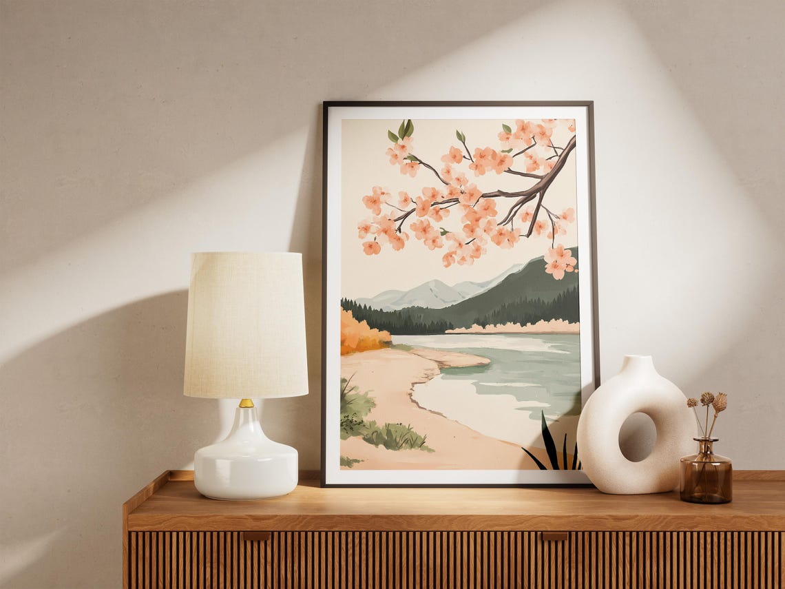Cherry Blossom Branch Over Mountain Lake Landscape Art Poster - Image 5
