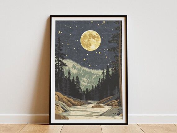 Kings Canyon National Park Moonlit River Vintage Travel Poster