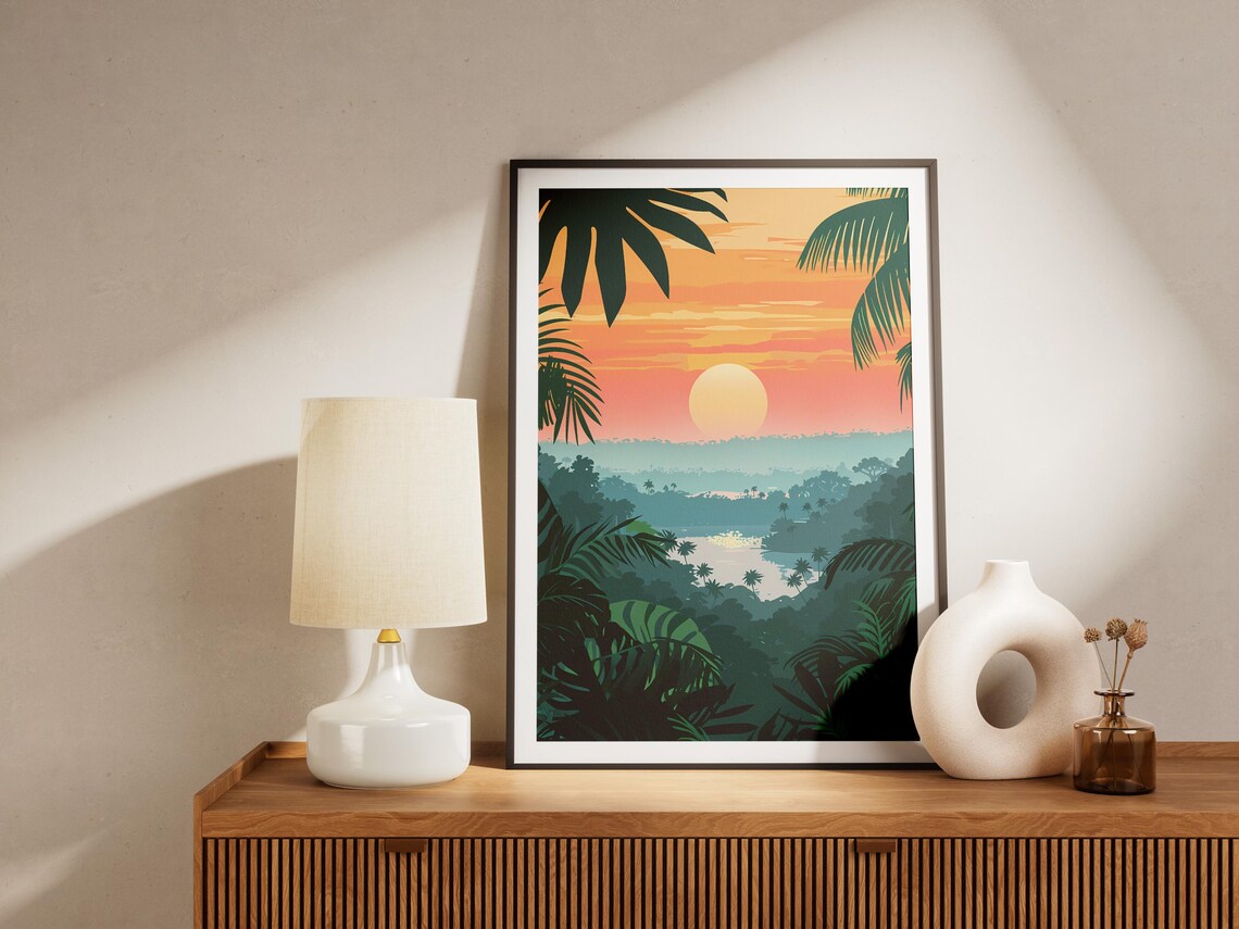 Amazon Rainforest Sunset Landscape Poster Tropical Plant Art Print Minimalist Boho Wall Decor Home Decor - Image 2