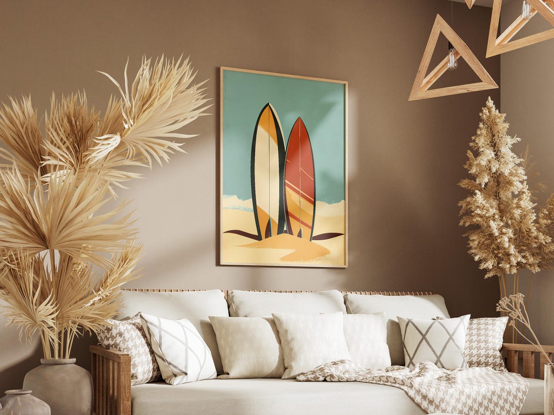 Two Colorful Surfboards Standing on Sand Minimalist Beach Poster - Image 3