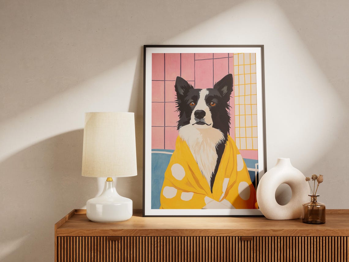 Border Collie in Yellow Polka Dot Bathrobe Funny Bathroom Dog Poster - Image 4