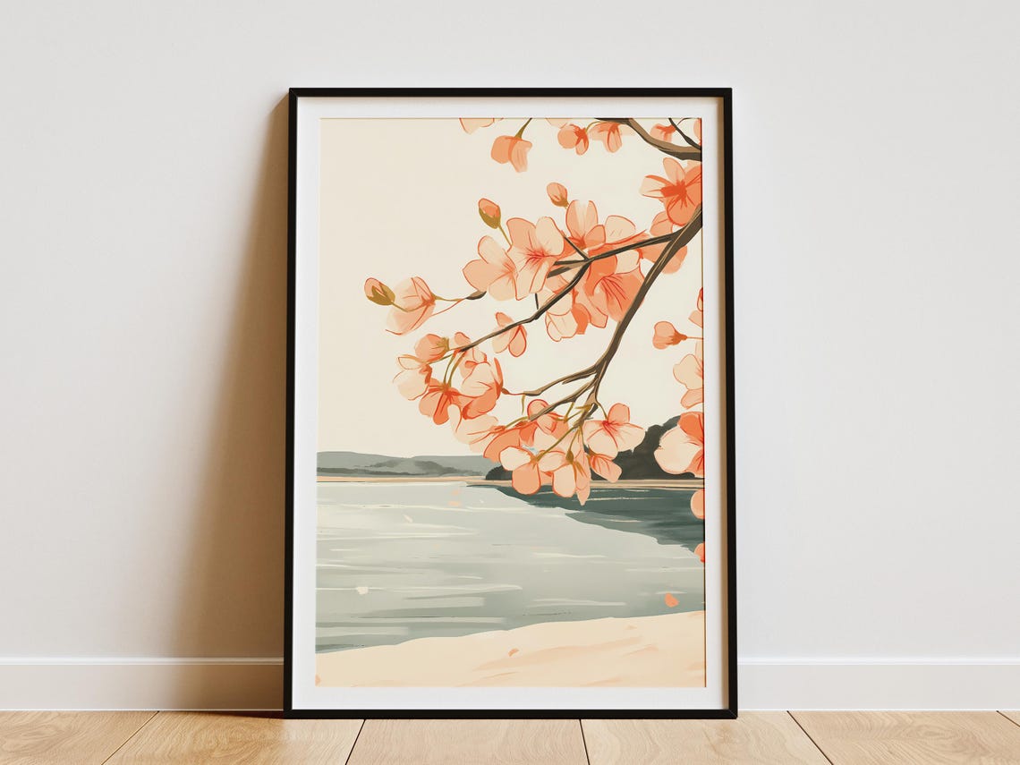 Pink Blossom Branch Over Calm Lake Sandy Shore Minimalist Art Poster