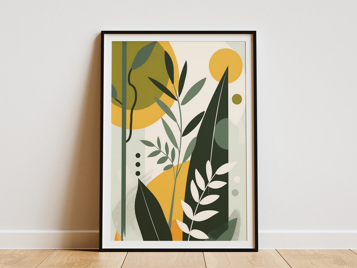 Abstract Olive Green Leaves With Golden Sun Botanical Art Poster