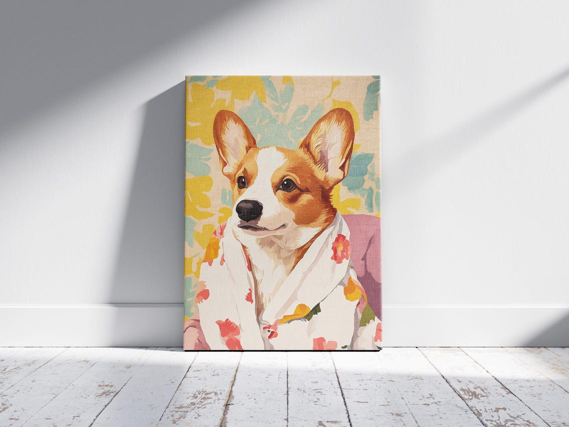 Corgi Dog In Floral Bathrobe Poster Cute Funny Pet Art For Home Decor - Image 2