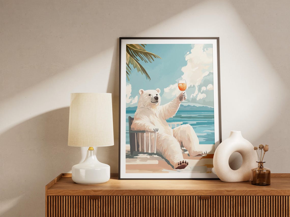 Happy Polar Bear Raising Cocktail Glass On Tropical Beach Poster - Image 5