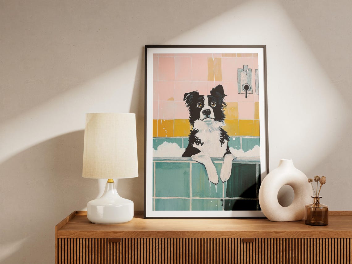 Wide-Eyed Border Collie Soaking in a Colorful Bubble Bath Poster - Image 5