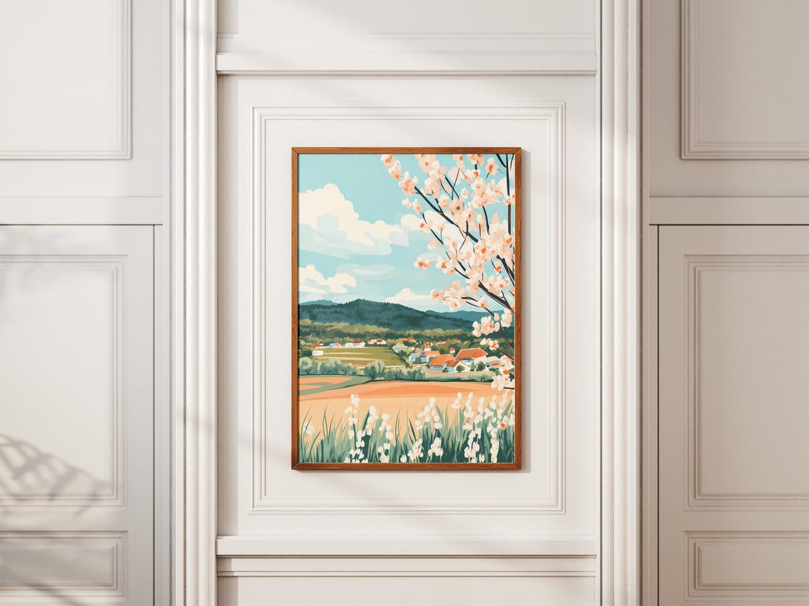 Spring Blossom Tree Over a Village and Fields Landscape Poster - Image 2