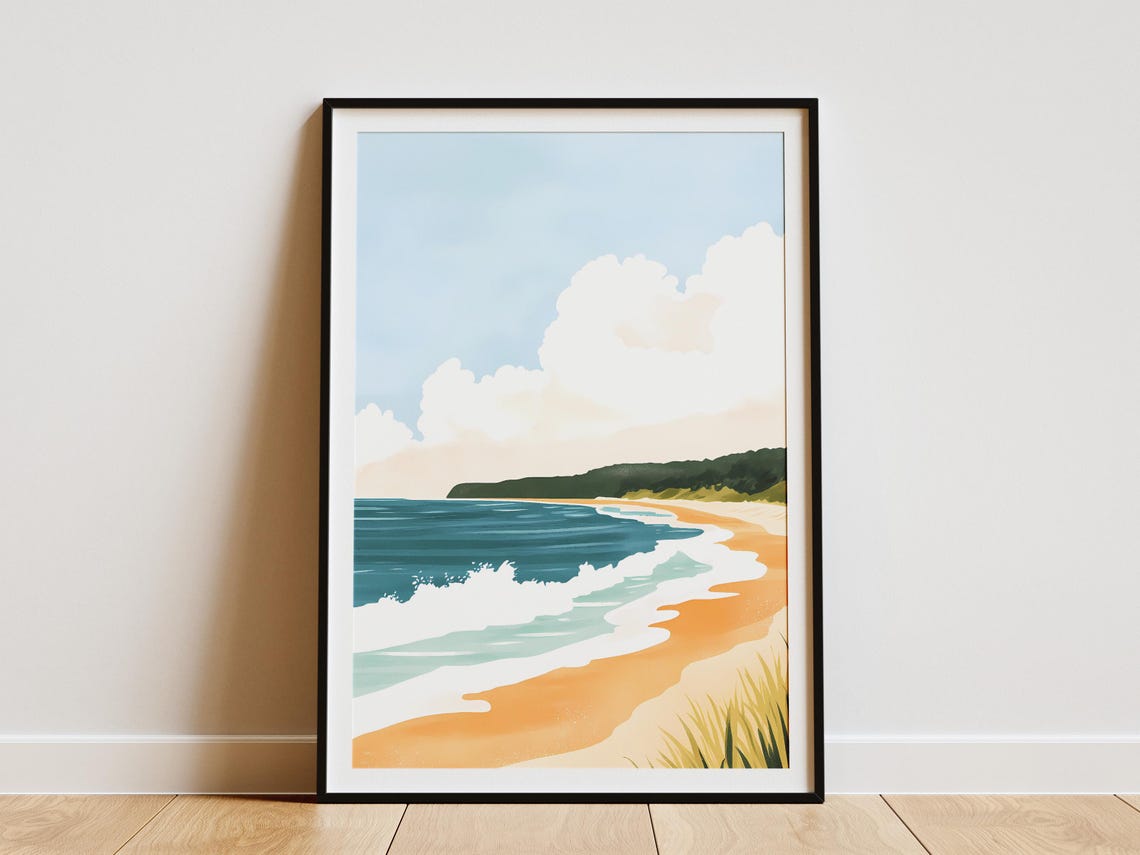 Ocean Beach With Breaking Waves Under Cloudy Sky Scene Poster