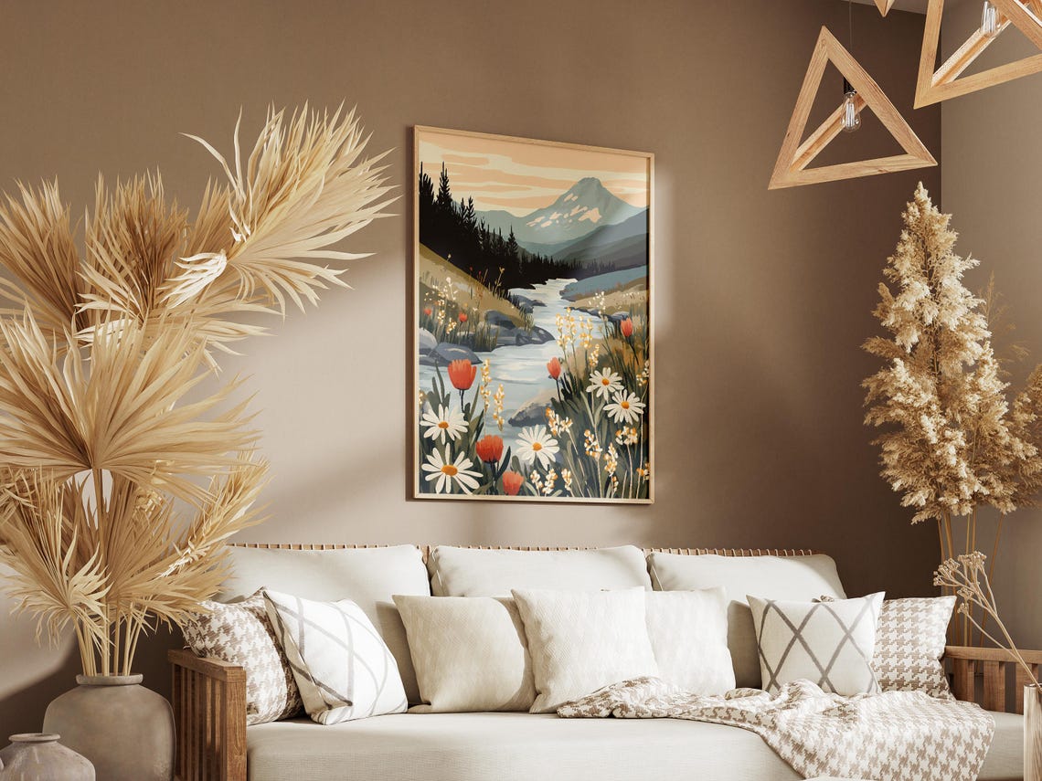 Mountain Stream With Daisies and Tulips Poster With Alpine View - Image 3