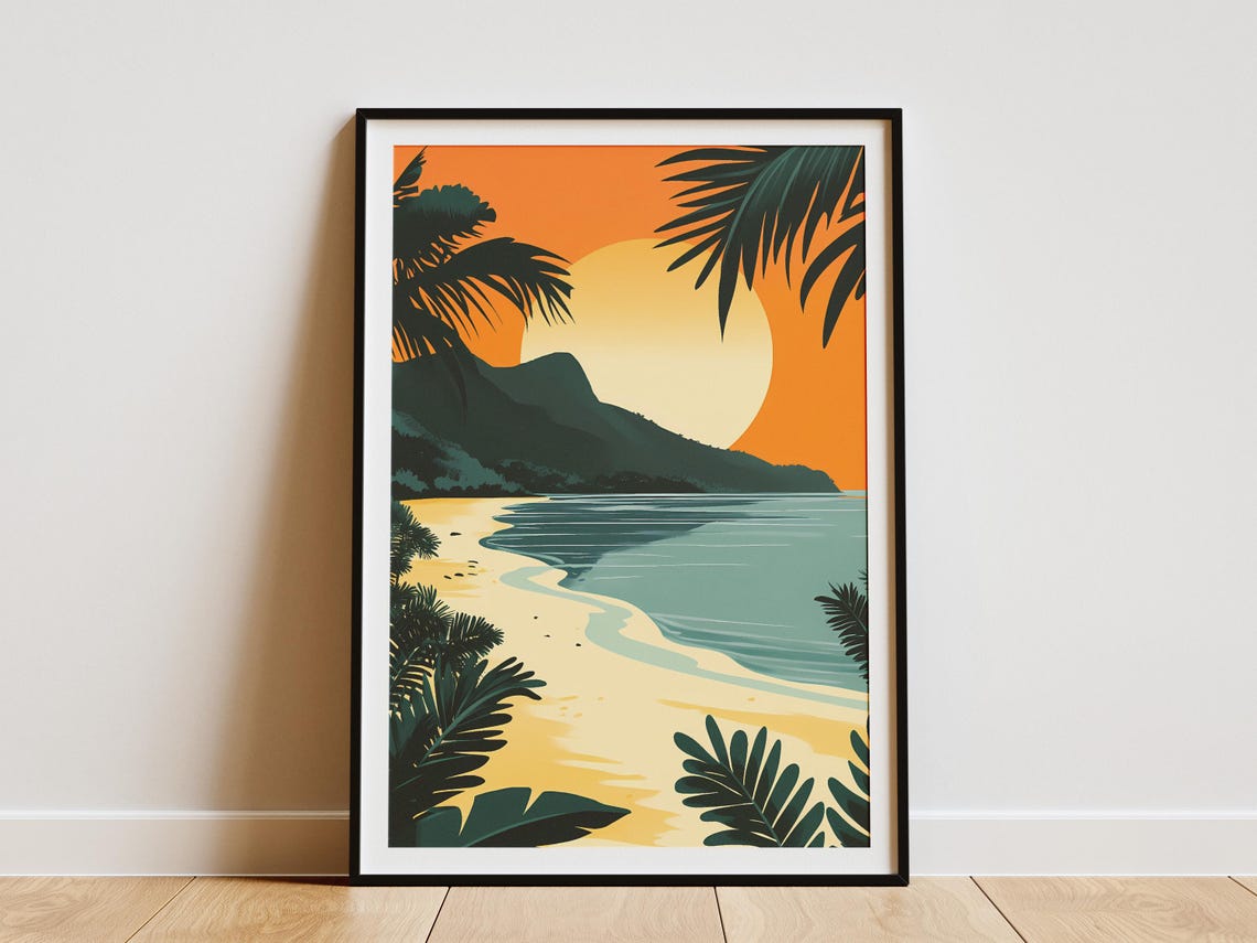 Tropical Beach Sunset Palm Silhouette Island Ocean View Poster