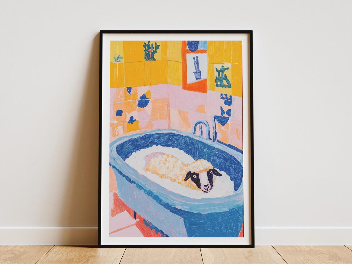 Fluffy Sheep Bubble Bath Blue Tub Colorful Tile Bathroom Poster