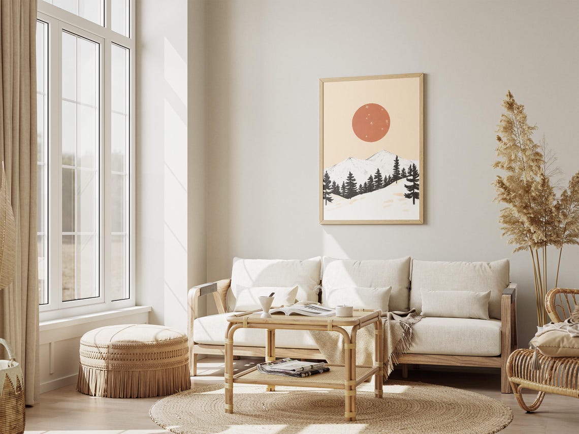 Minimalist Snowy Mountain Peak With Burnt Orange Sun Art Poster - Image 4