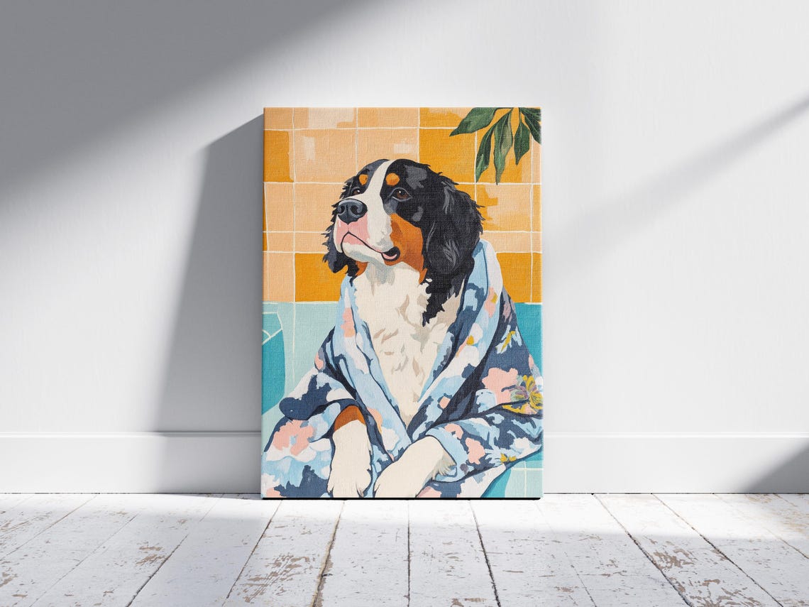 Bernese Mountain Dog Floral Bathrobe Cozy Bathroom Art Poster - Image 2