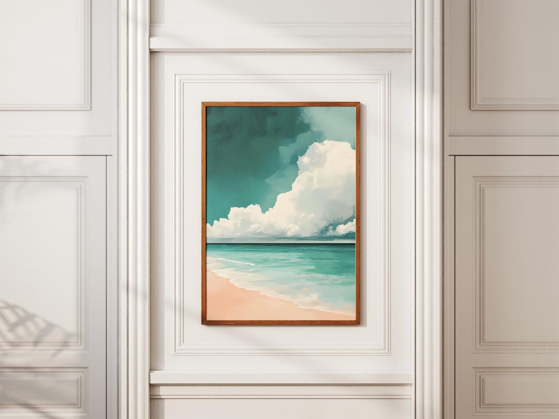 Dramatic Clouds Over Turquoise Ocean Beach Minimalist Art Poster - Image 2