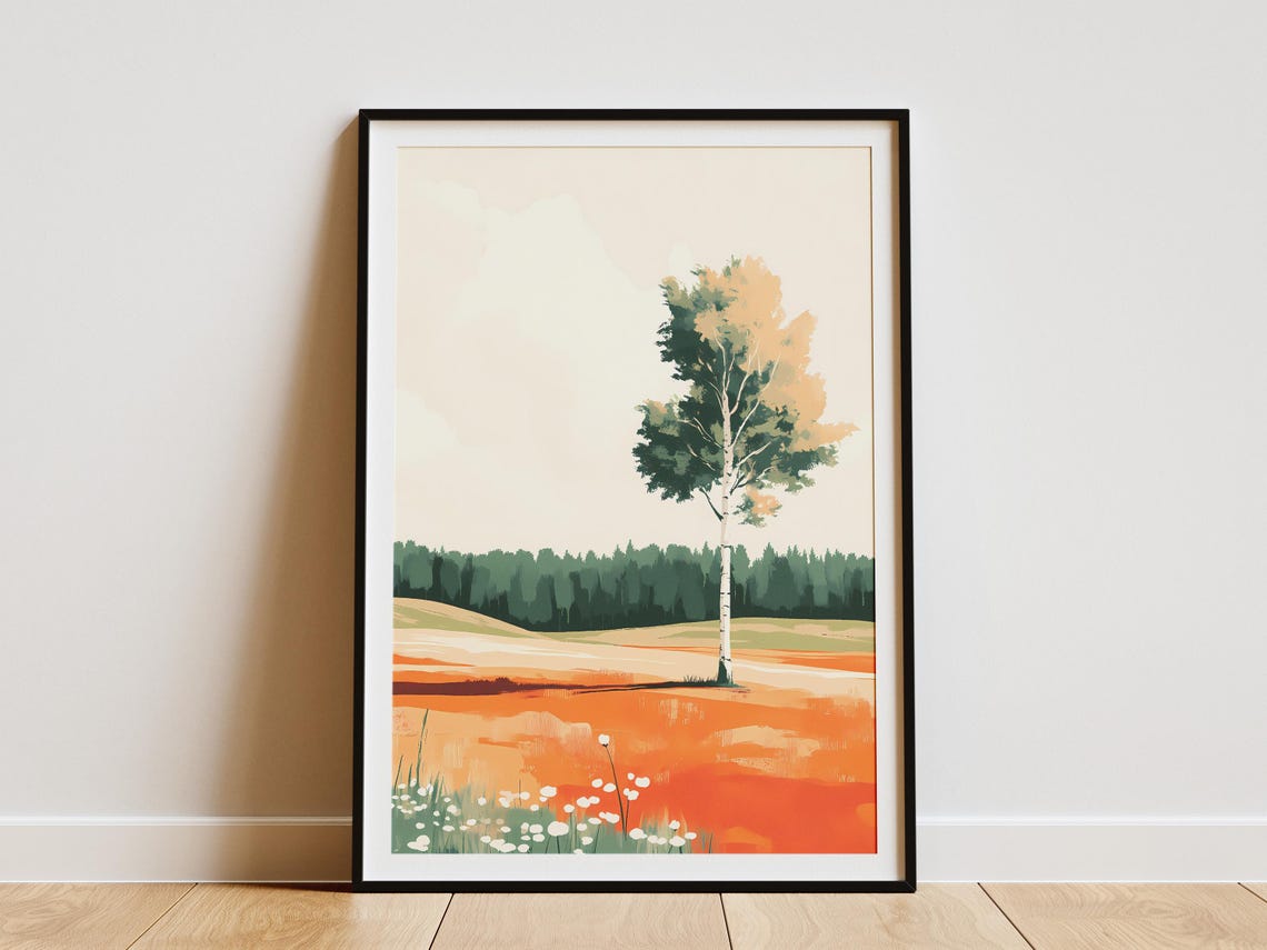 Lone White Birch Tree in an Autumn Orange Field Minimalist Poster