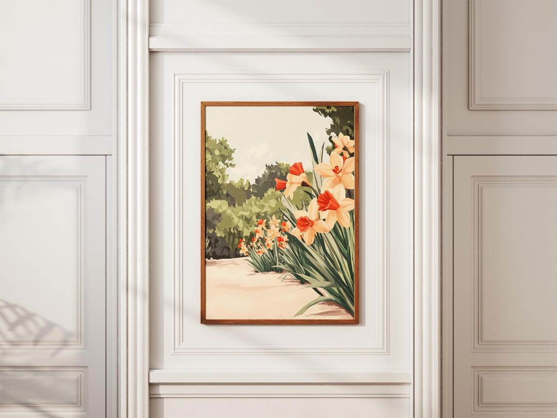 Bright Red And Cream Daffodils Along Garden Path Floral Poster - Image 2