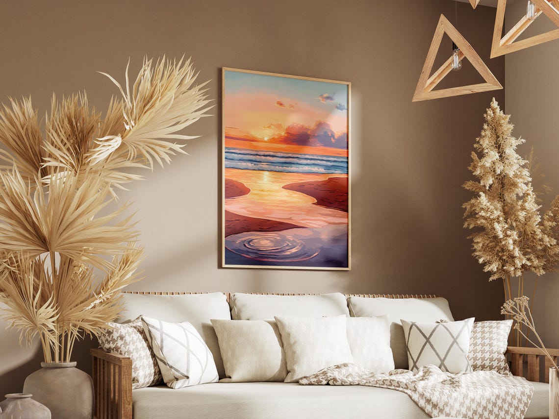 Sunset Beach Tide Pools with Rippled Purple Reflections Poster - Image 3
