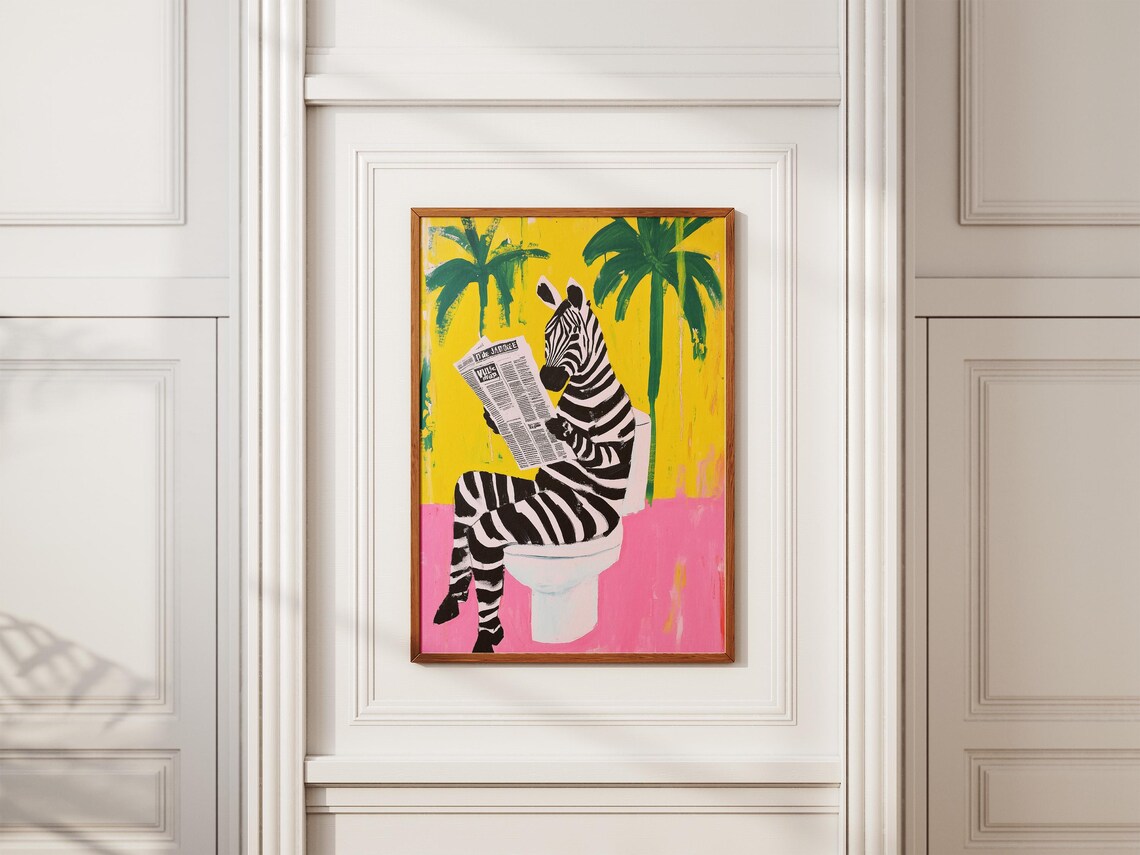 Zebra Reading Newspaper on Toilet Tropical Pink Palm Art Poster - Image 2