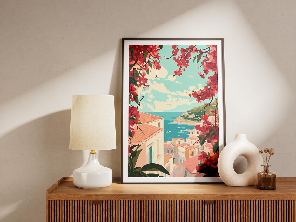 Mediterranean Coastal Town Print Italian Seaside Village Poster Pink Flower Art Bougainvillea Decor Summer Vacation Print Travel Poster - Image 5