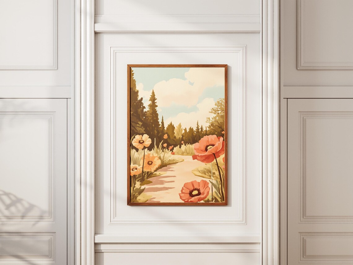 Giant Coral Poppies Along A Sunlit Pine Forest Path Summer Poster - Image 2