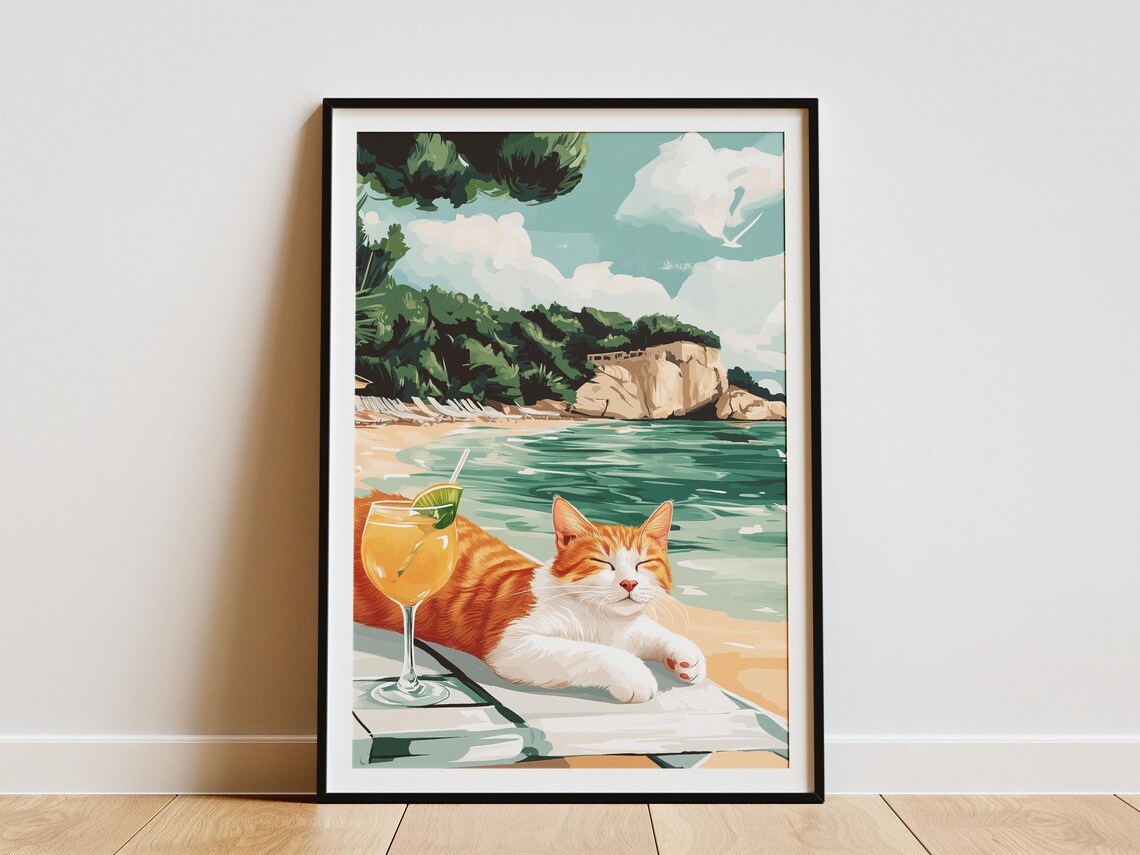 Orange Tabby Cat Beach Summer Cocktail Vacation Poster