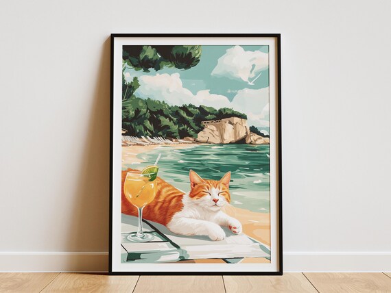 Orange Tabby Cat Beach Summer Cocktail Vacation Poster