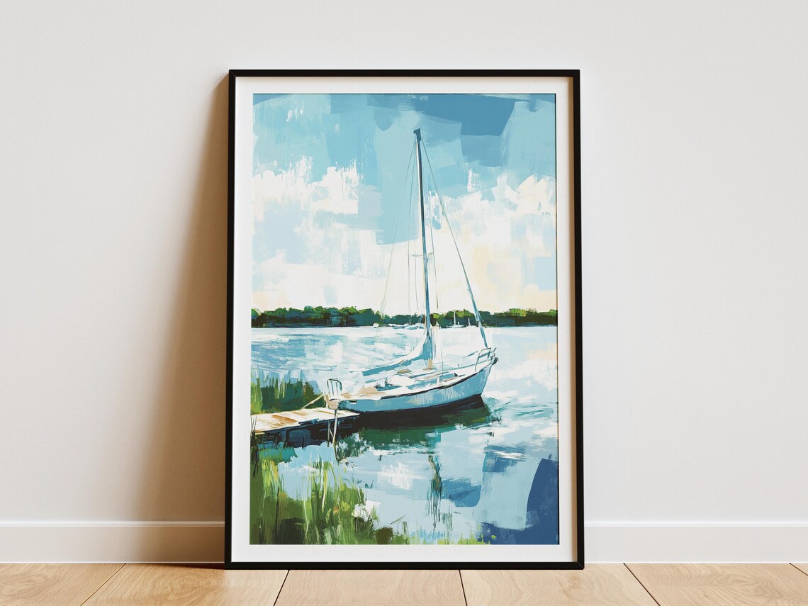 Sailboat on Calm Lake Lakeside Wooden Dock Summer Sailing Print
