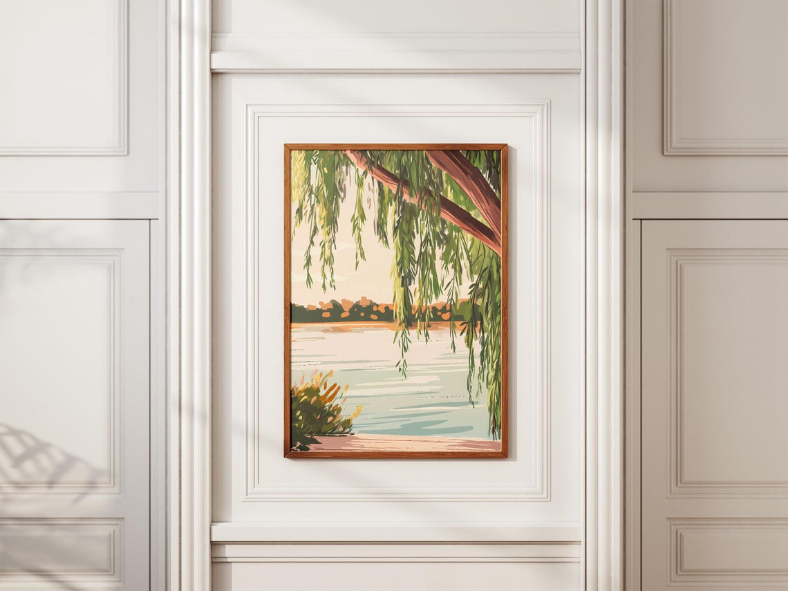 Willow Branches Over Golden Lake At Dusk Peaceful Landscape Poster - Image 2