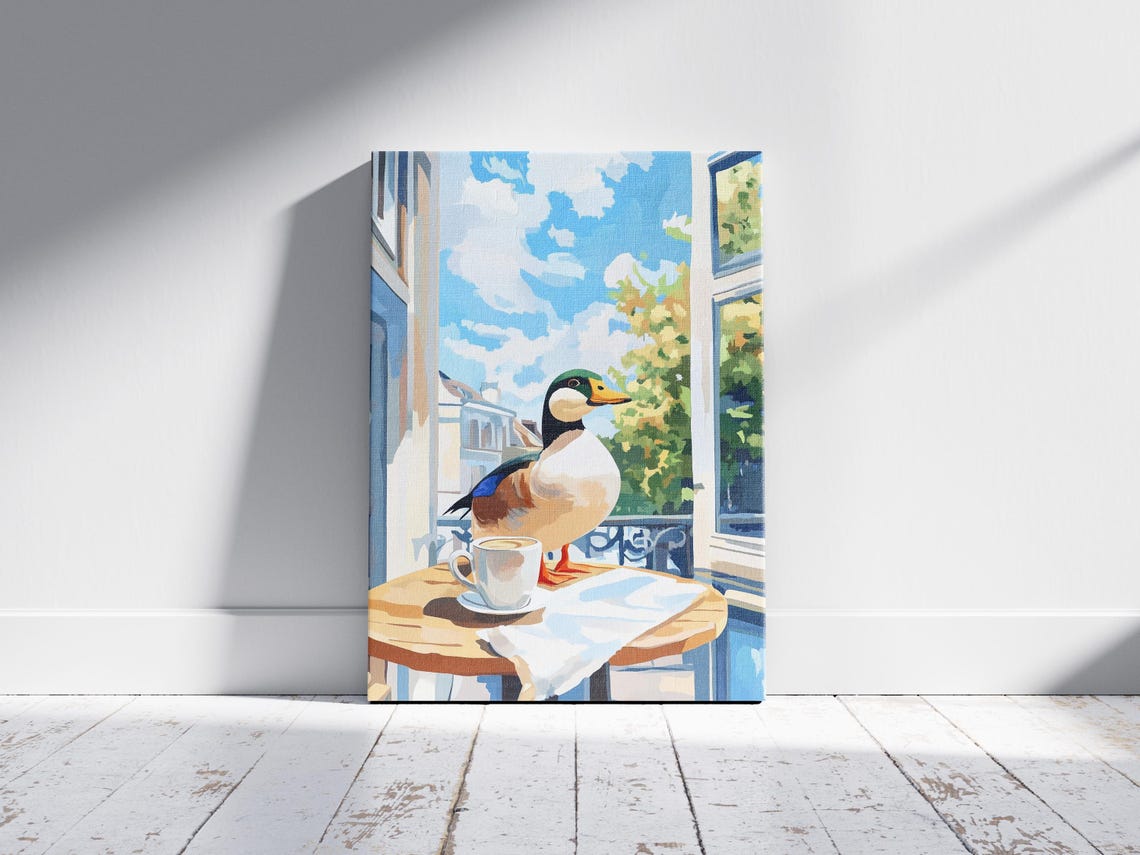 Mallard Duck on Cafe Table by Parisian Balcony Window Poster - Image 2