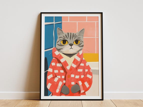 Scottish Fold Cat Art Print Bathrobe Poster Funny Bathroom Wall Quirky Animal Modern Lover Gift Unique Home Decor