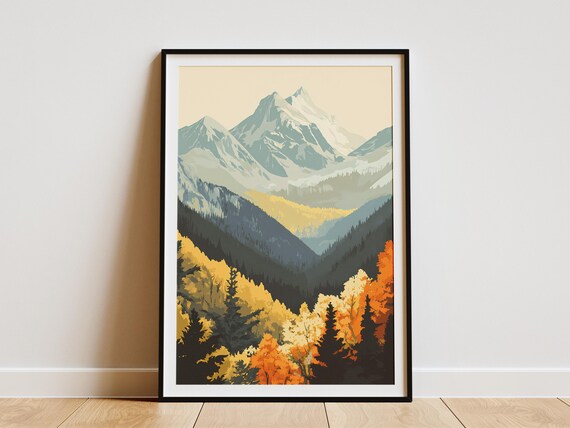 Snowy Mountain Autumn Poster Alpine Peaks Fall Forest Wall Decor