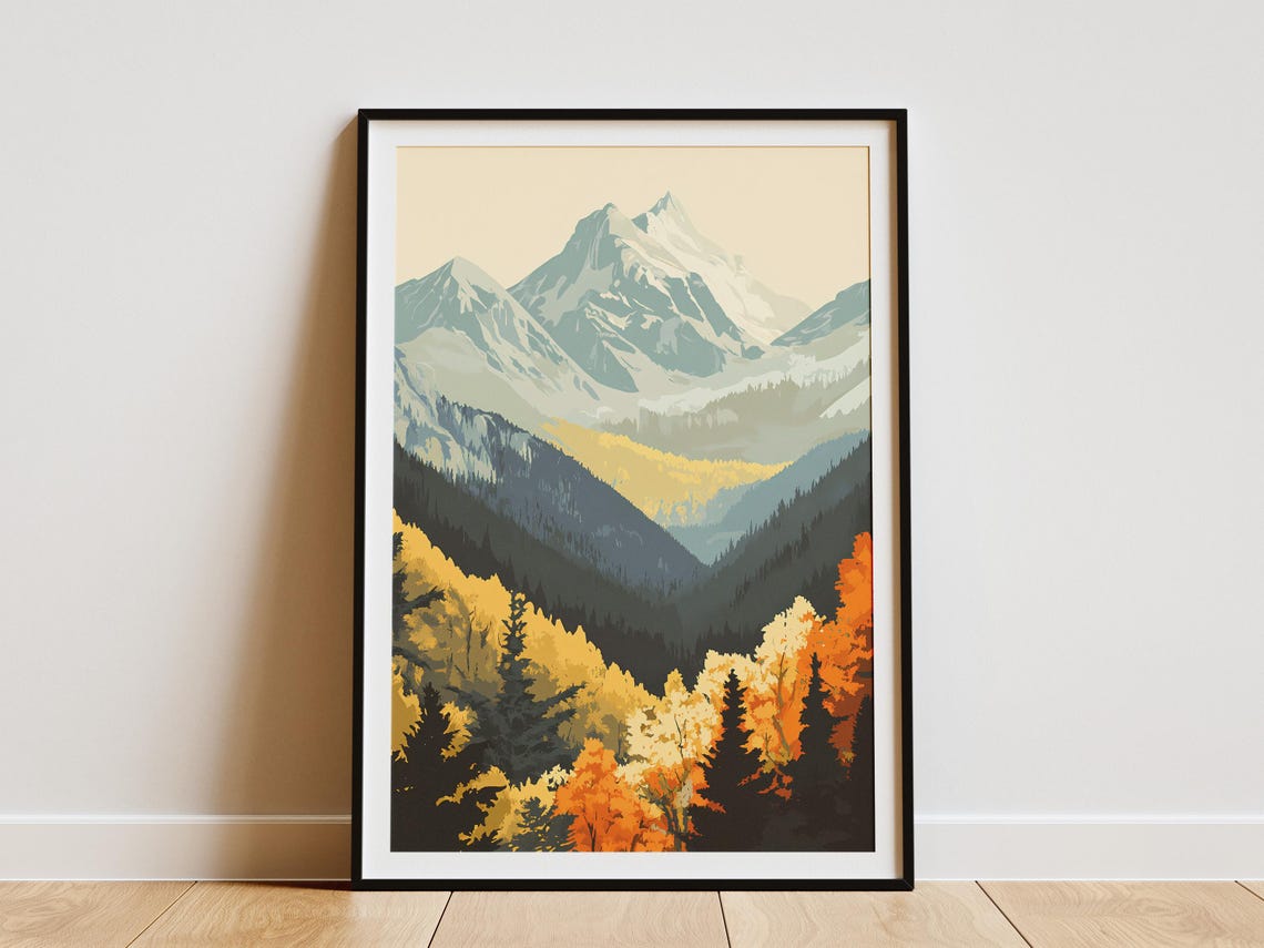 Snowy Mountain Autumn Poster Alpine Peaks Fall Forest Wall Decor