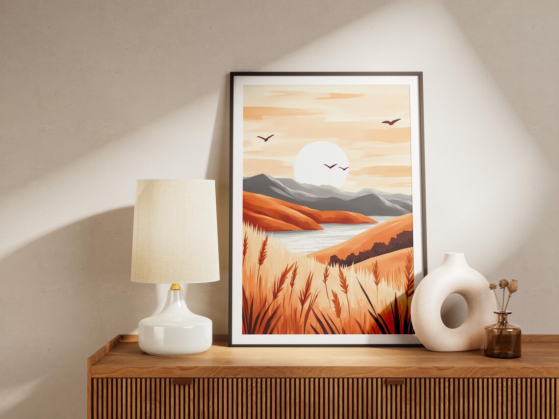 Golden Hour Sunset Over Rolling Hills And Calm Lake Scenery Wall Art - Image 4