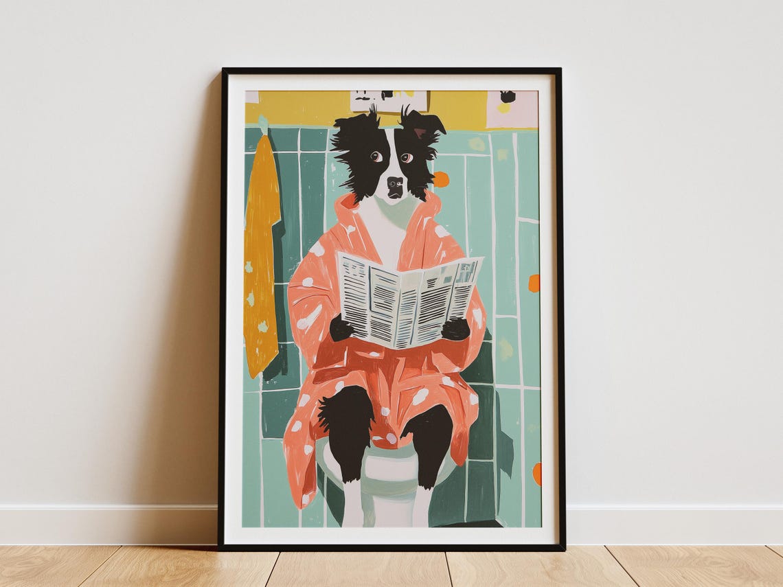 Border Collie in a Bathrobe Reading the Newspaper Bathroom Poster