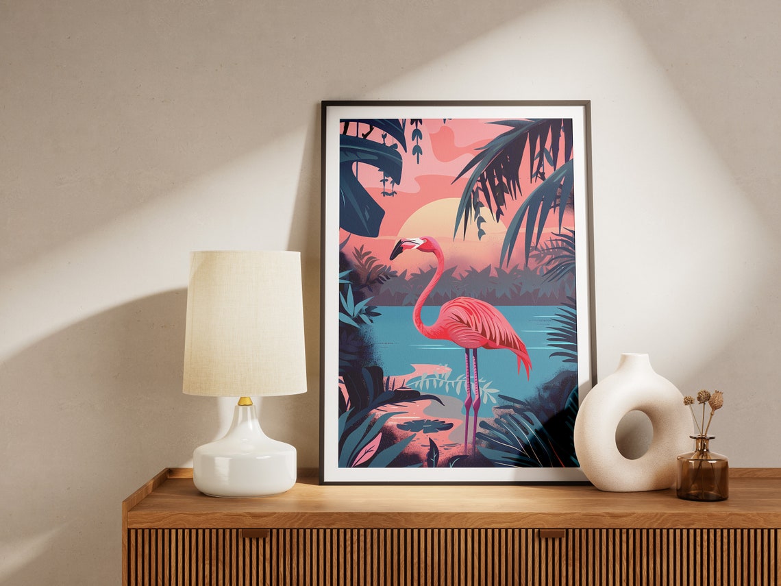 Elegant Pink Flamingo at a Tropical Sunset Lagoon Art Poster - Image 2