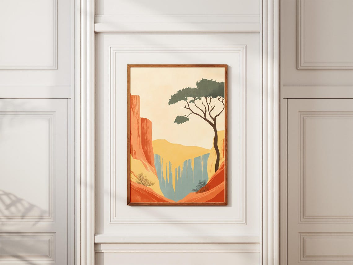Desert Canyon Waterfall With A Lone Tree Minimalist Art Poster - Image 2