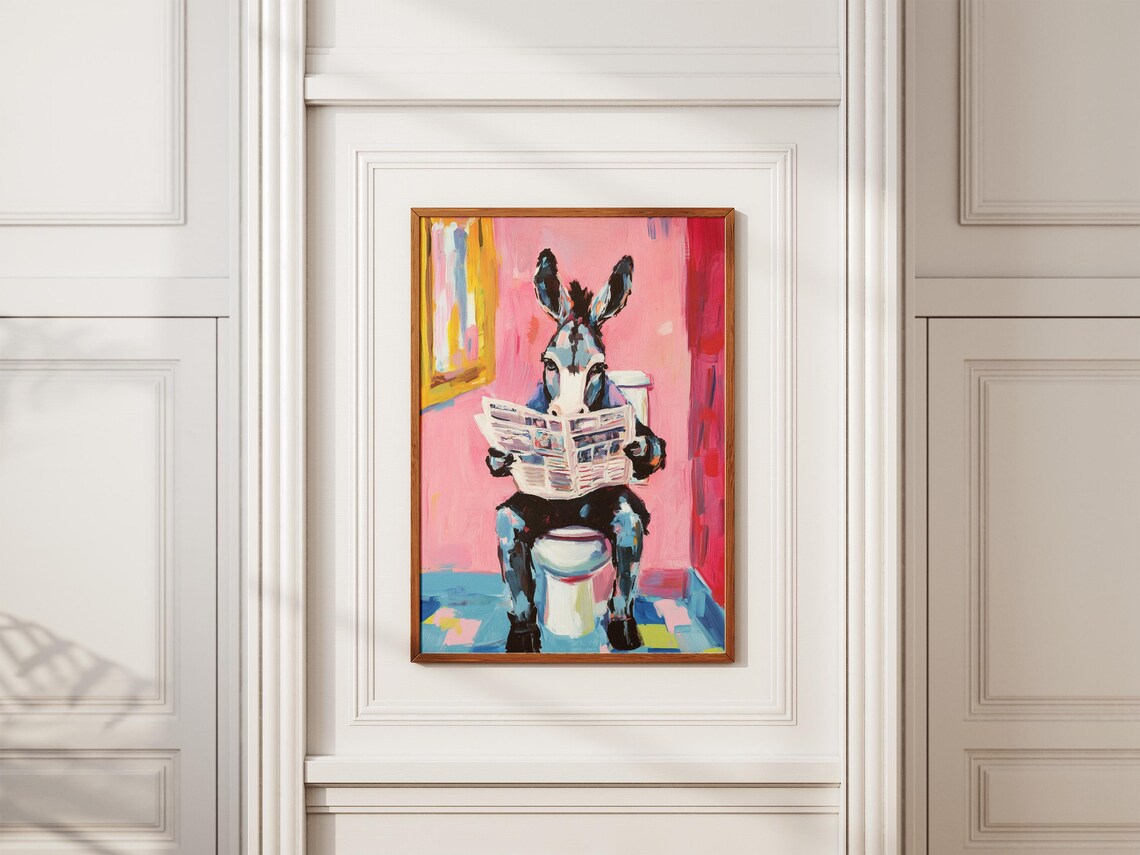 Donkey on Toilet Reading Newspaper Pink Bathroom Funny Poster - Image 2