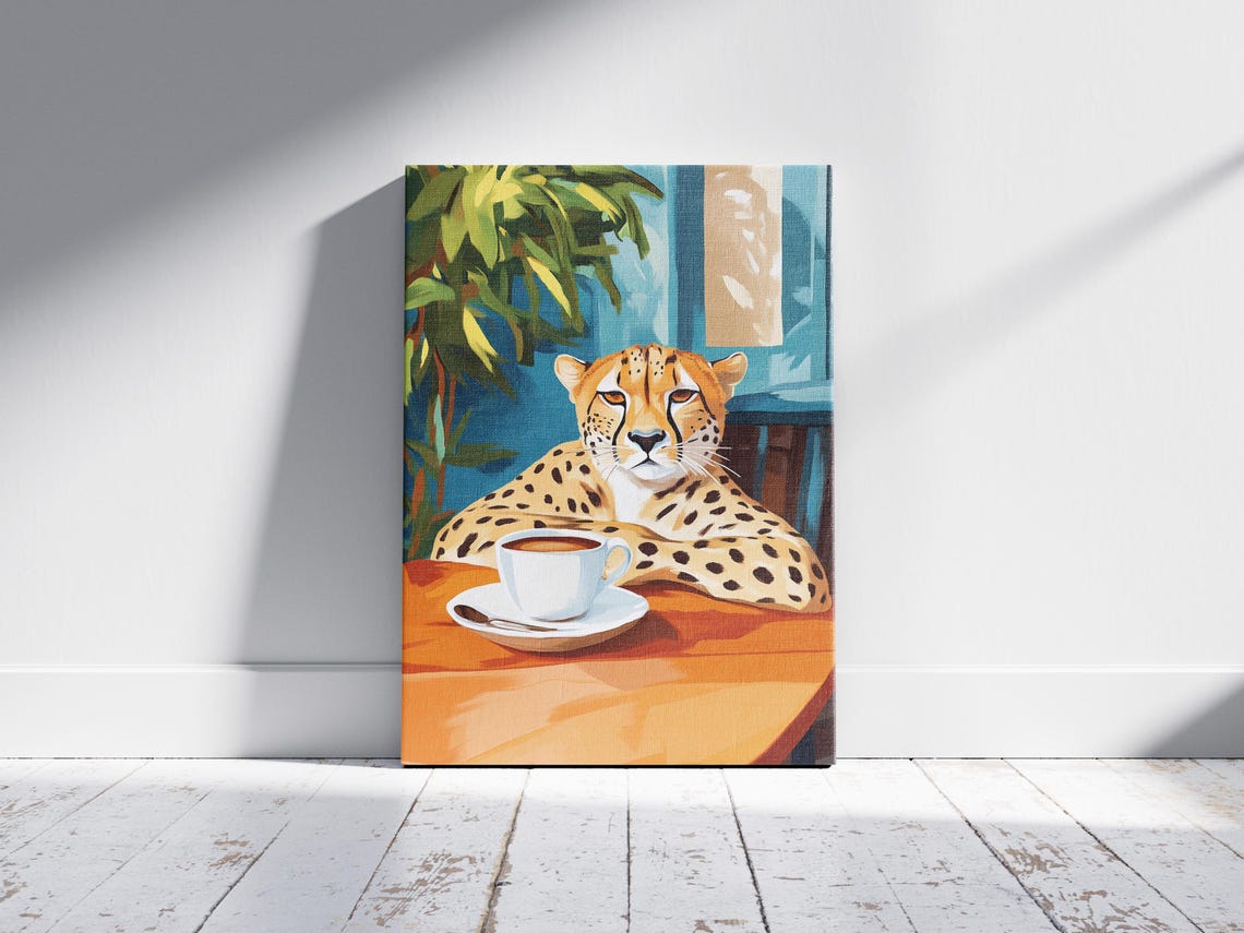 Regal Cheetah with a Coffee Cup at a Teal Window Cafe Table Poster - Image 2