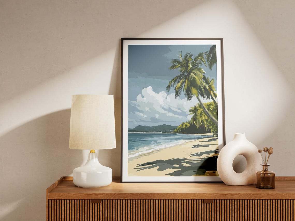 Leaning Palm Tree Tropical Beach Ocean Shoreline Coastal Print - Image 4