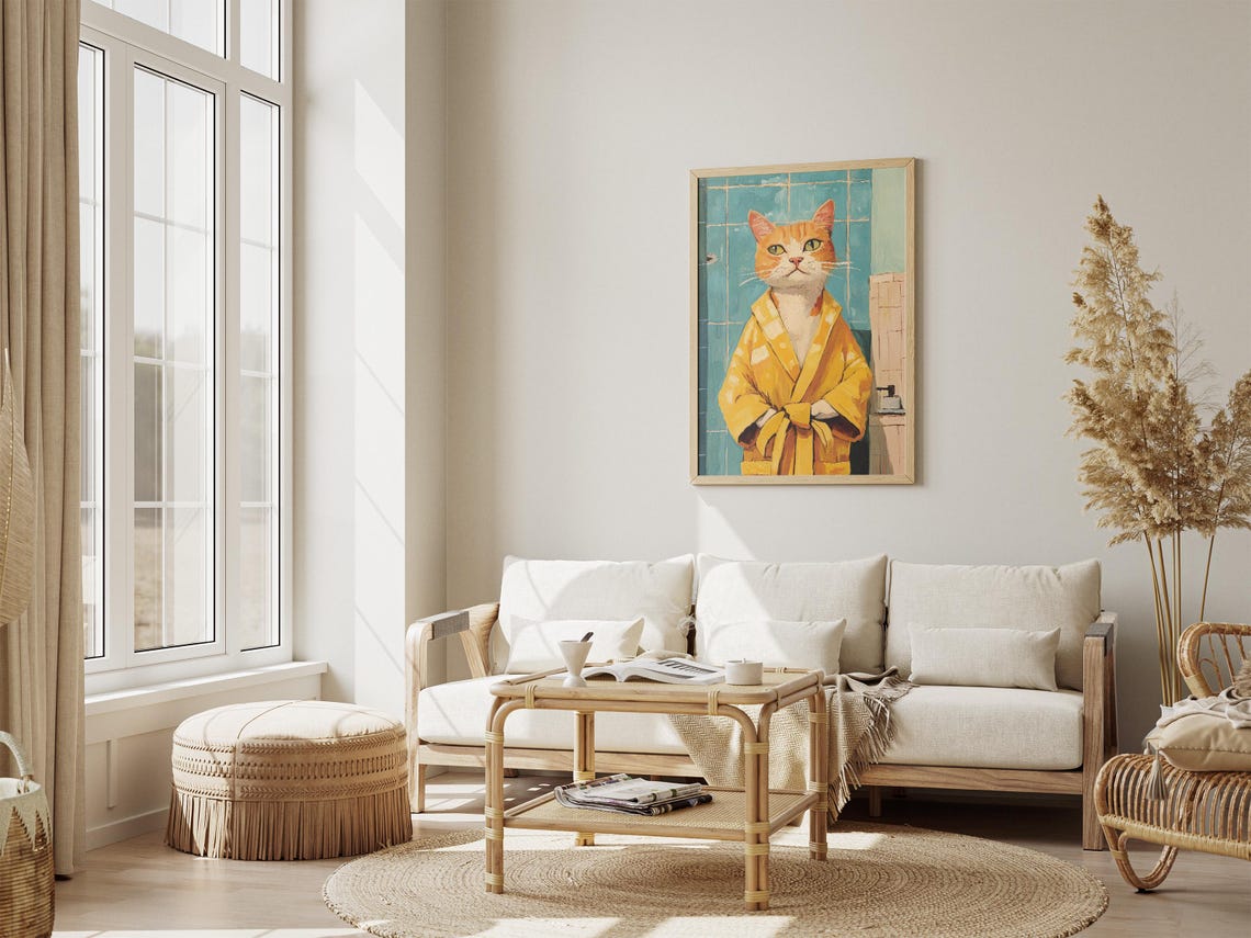 Confident Orange Tabby Cat Modeling a Sunny Yellow Bathrobe Poster - Image 4