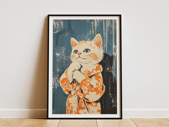 Kitten in an Orange Floral Bathrobe Cute Vintage Pet Art Poster