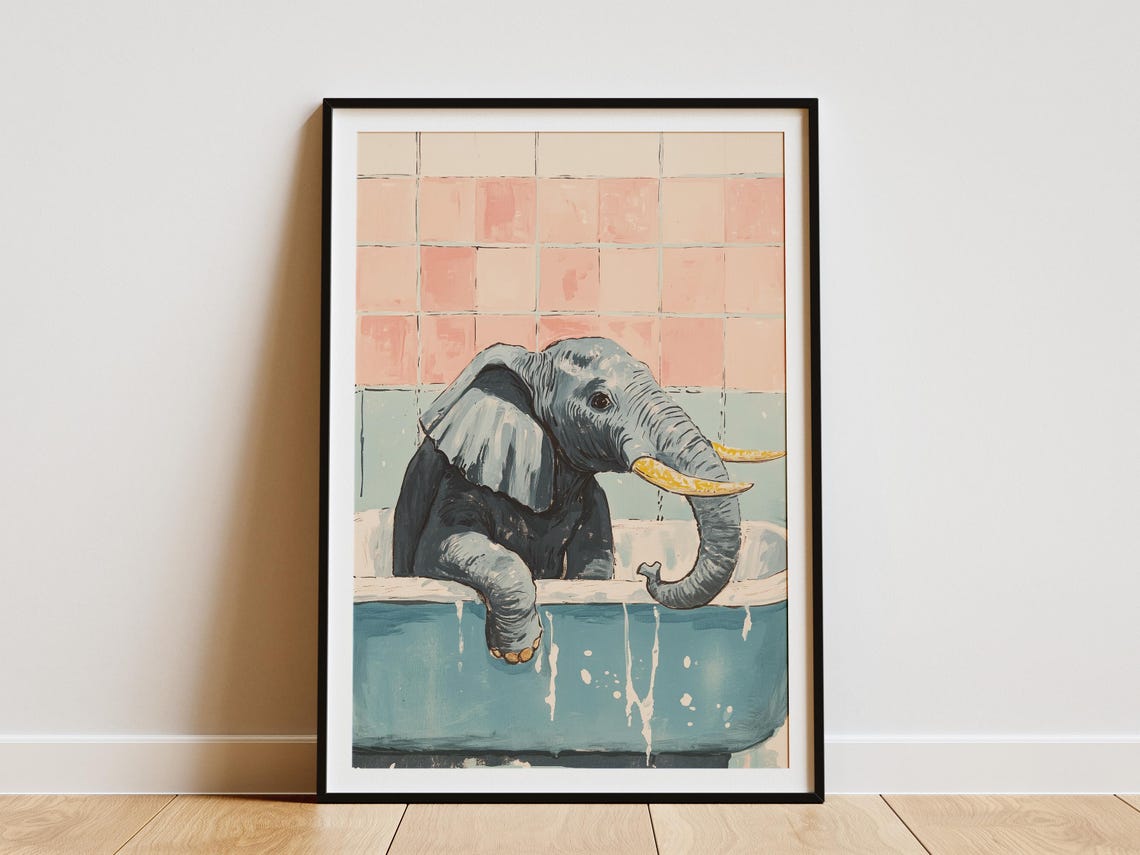 Baby Elephant Soaking in Blue Bathtub Pink Tile Bathroom Poster