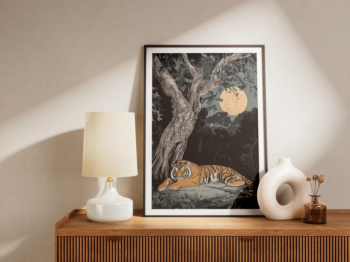 Tiger Resting Under Banyan Tree in Moonlight Jungle Art Poster - Image 5