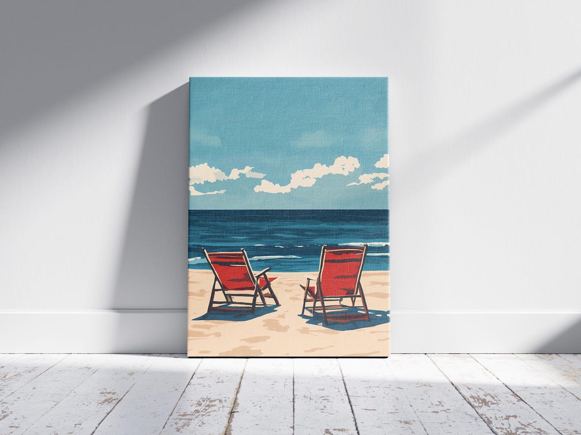 Red Beach Chairs Ocean View Summer Vacation Coastal Travel Poster - Image 2