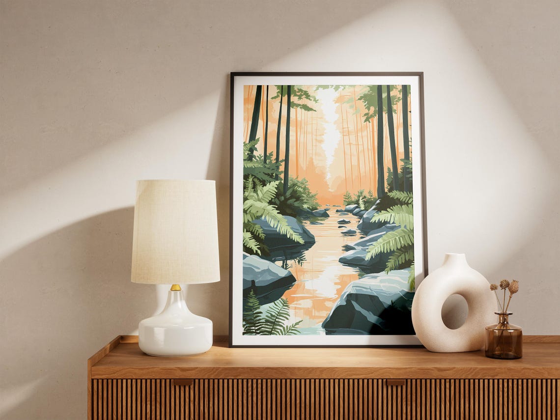 Sunlit Forest Stream Lined With Ferns Rocks And Tall Pines Poster - Image 5