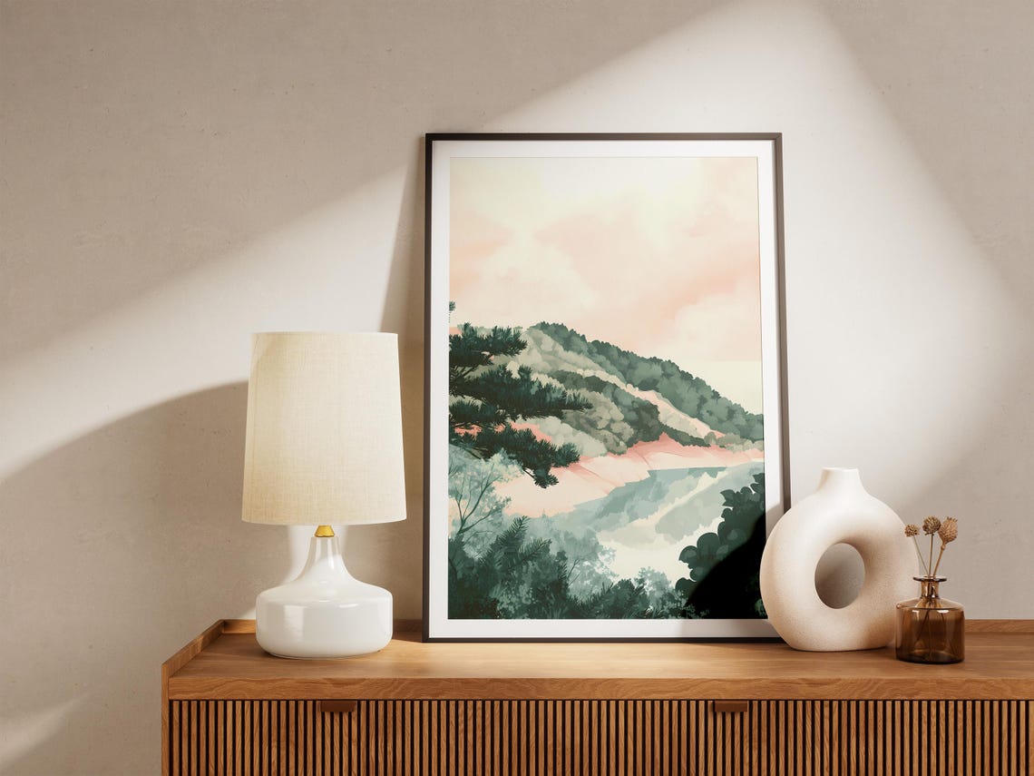 Serene Misty Pine Forest River Valley Watercolor Landscape Poster - Image 5