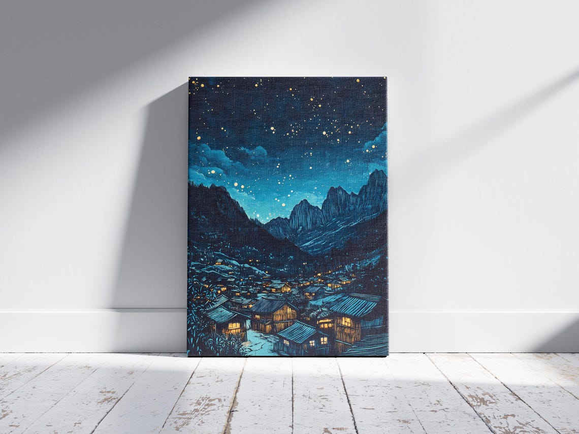 Mountain Village Glowing Under a Starry Night Sky Deep Blue Art Poster - Image 2