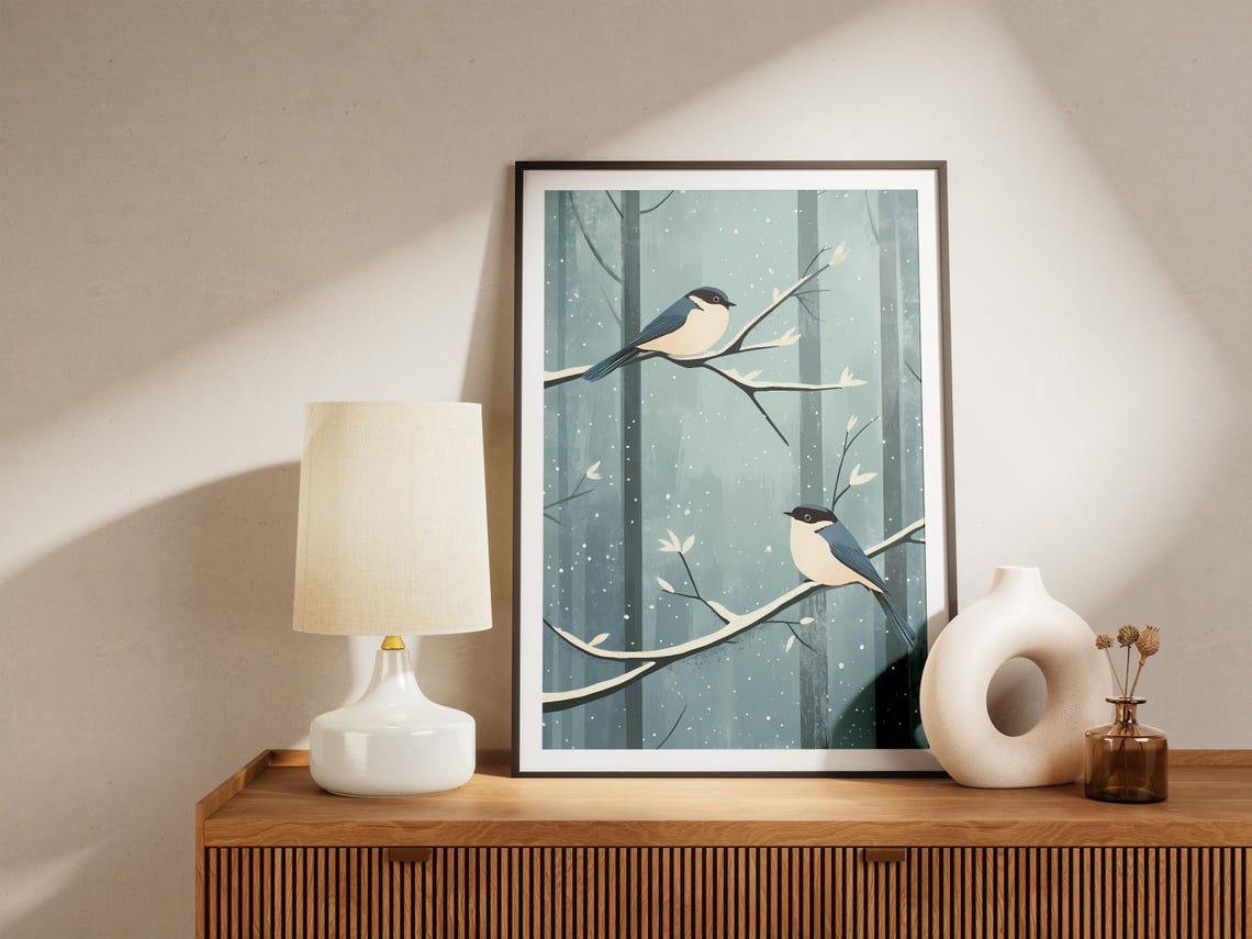 Two Blue Birds Perched on Frosty Branches in Falling Snow Poster - Image 5