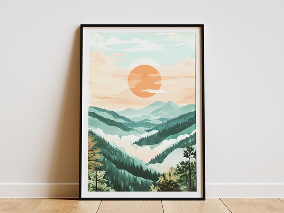 Misty Mountain Sunrise Landscape Poster Modern Art Print Nature Wall Decor Golden Hour Forest Scenery Abstract Landscape Calm Nature Wall