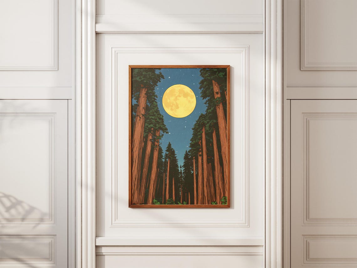 Golden Full Moon Night Over Tall Redwood Forest Starry Sky Poster - Image 2